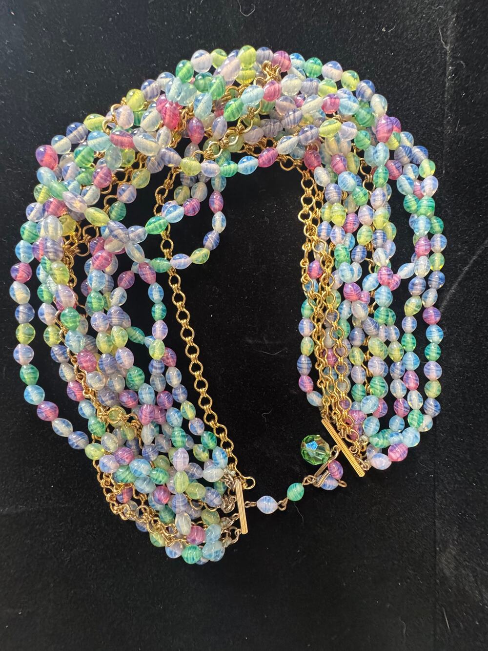 Necklace Choker Beaded Pastels Pink Blues Greens Purple Gold Chain Vintage